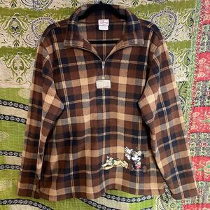 Vintage 90's Disney Brown Plaid Mickey Mouse Quarter Zip Pullover Size Small